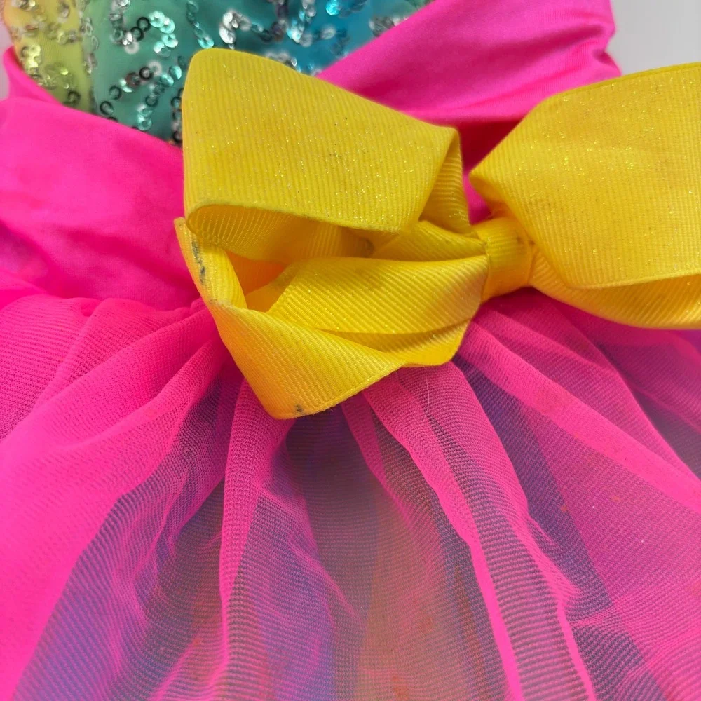 Weissman Kids Rainbow Sequin Dance Costume Tutu Leotard Neon Pink Yellow XSC